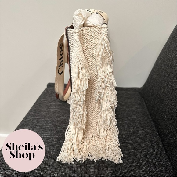 NWT Chloé Medium Woody Woven Fringe Tote Bag White & Brown - Picture 5 of 10
